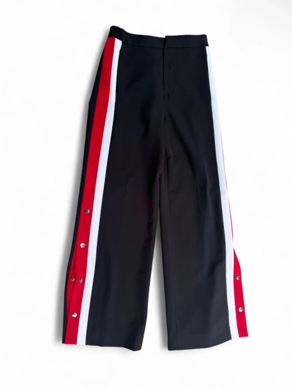 Women’s wide leg snap side striped pants black cherry red & black long Sz 8 Y2K